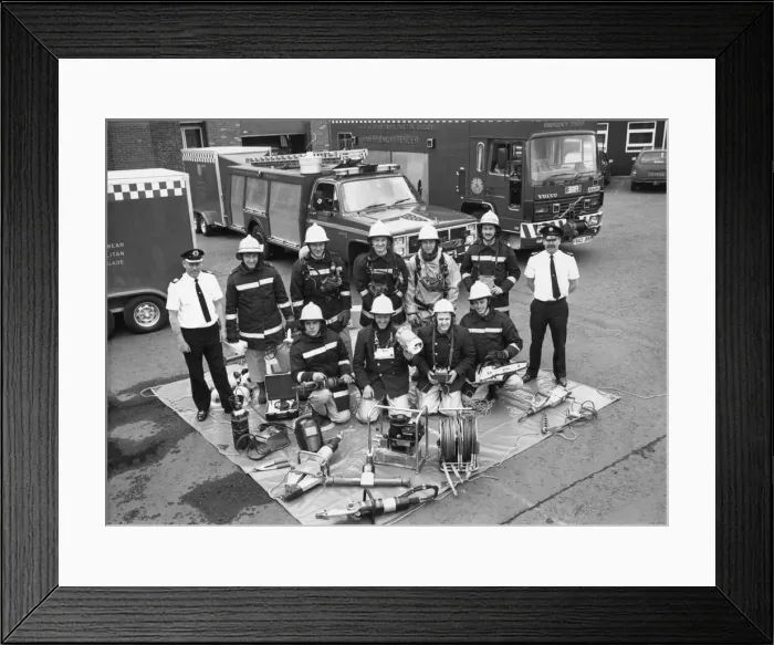 Framed Print : Firefighters from Tyne Wear Fire Brigade with the many different pieces of life-saving Framed Print : Firefighters from Tyne Wear Fire Brigade with the many different pieces of life-saving