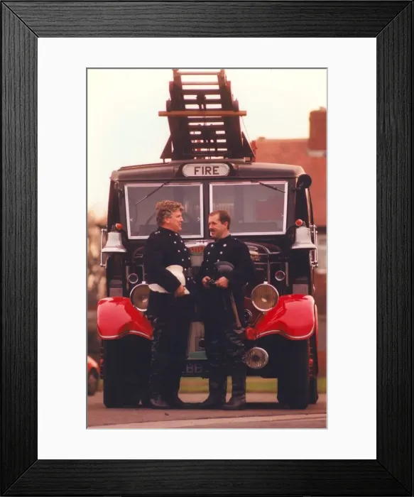 Framed Print : Firefighters Alistair Adam (moustache) and Paul Craggs have restored a 1937 Leyland fire Framed Print : Firefighters Alistair Adam (moustache) and Paul Craggs have restored a 1937 Leyland fire
