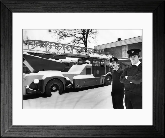 Framed Print : Firemen Brian O Dwyer and Graeme Calder with the turntable ladder machine which is up Framed Print : Firemen Brian O Dwyer and Graeme Calder with the turntable ladder machine which is up
