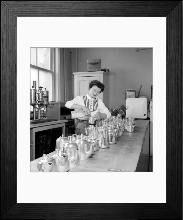 Framed Print : Waitress / woman seen here preparing pots of tea in a cafe. 1957 A17b-003 Framed Print : Waitress / woman seen here preparing pots of tea in a cafe. 1957 A17b-003