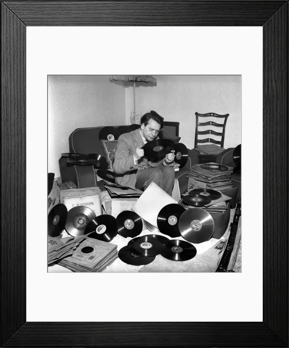 Framed Print : Record collector: Mr. Brodetsky a Leeds record collector seen here with his collection Framed Print : Record collector: Mr. Brodetsky a Leeds record collector seen here with his collection