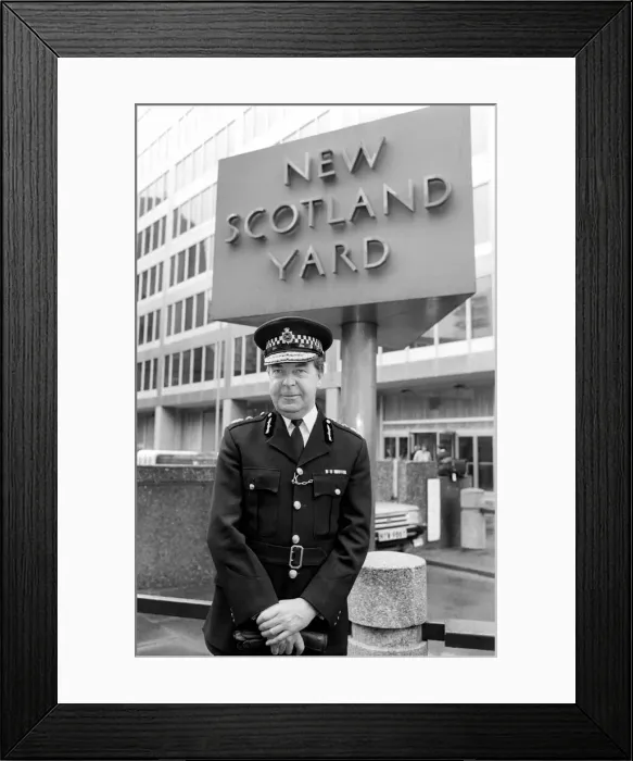 Framed Print : Mr. Peter Imbert Metropolitan Police Commissioner, seen here standing outside New