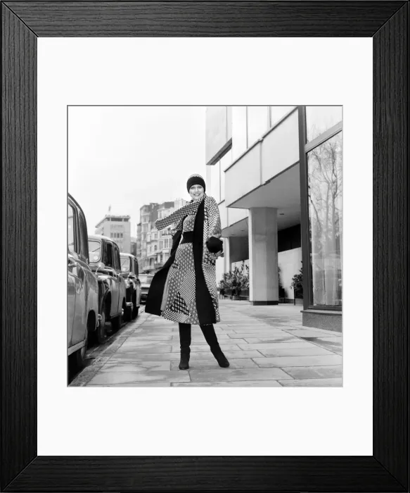 Framed Print : Model wearing a checkered and patterned dress with matching skirt