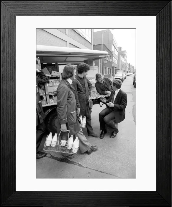 Framed Print : Colin Wills with milkmen from Clifton Street depot of Express Dairy. April 1975 Framed Print : Colin Wills with milkmen from Clifton Street depot of Express Dairy. April 1975