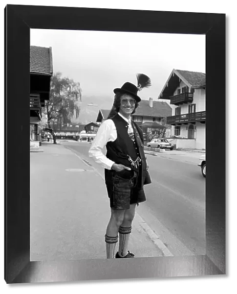 Chris Ward wearing Lederhosen in the village of Ruhpolding, near Munich. May 1975