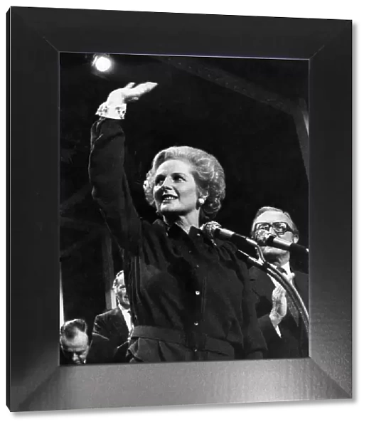 Mrs. Margaret. Thatcher seen here waving to a Conservative audience