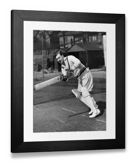 Framed Print : Yorkshire county cricketer Norman Yardley practising his batting skills in the nets Framed Print : Yorkshire county cricketer Norman Yardley practising his batting skills in the nets