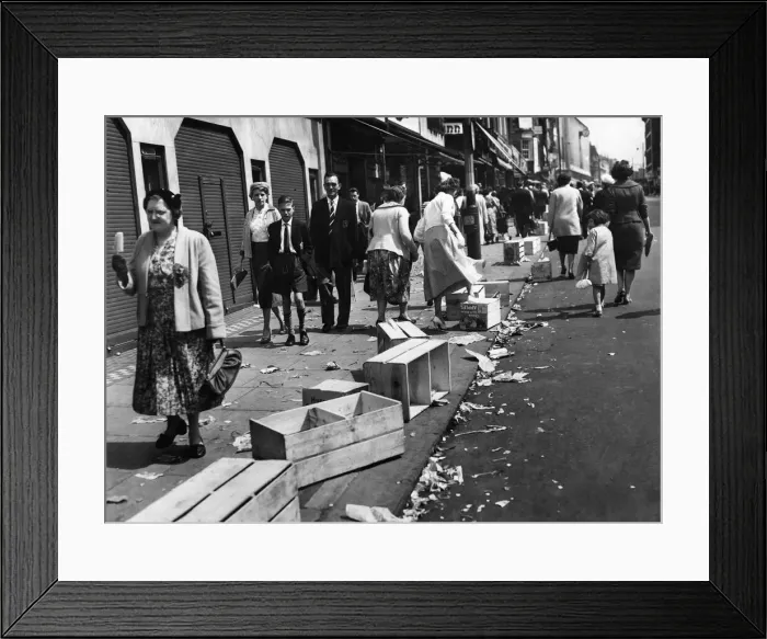Framed Print : Litter lines the streets after Whit Monday walks May 1959 Framed Print : Litter lines the streets after Whit Monday walks May 1959