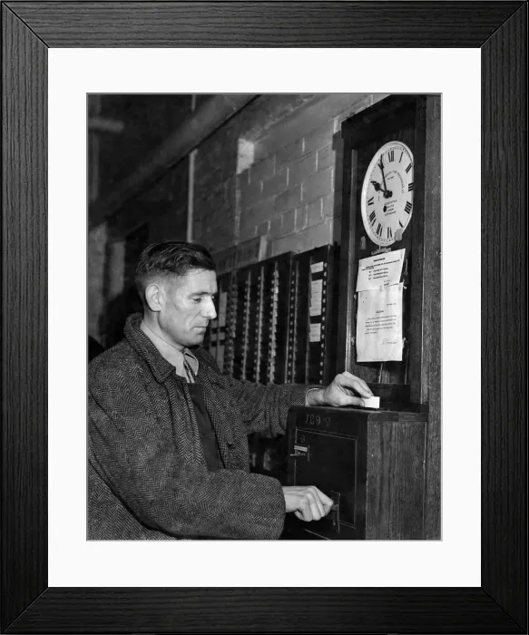 Framed Print : Man clocking on at work. November 1955 P002982 Framed Print : Man clocking on at work. November 1955 P002982