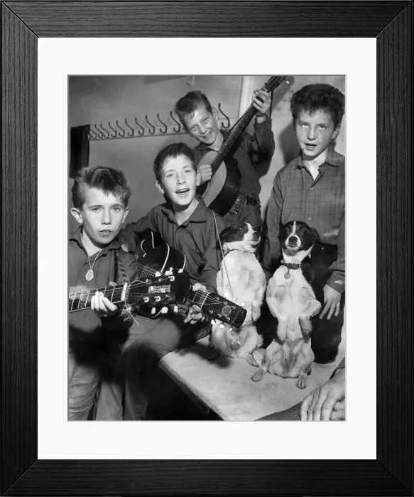 Framed Print : Young group of boys holding their guitars as they practice watched by their pet dogs Framed Print : Young group of boys holding their guitars as they practice watched by their pet dogs
