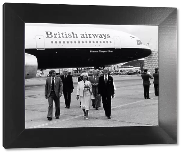Princess Margaret on the tarmac at Heathrow, with BA Chairman Ross Stainton June