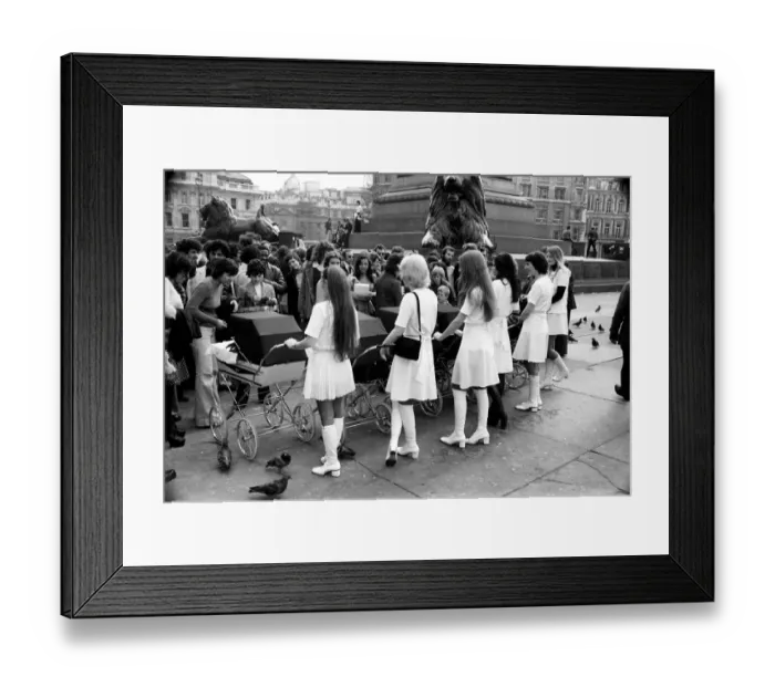 Framed Print : Six young ladies pushing prams on a sunny day in Trafalgar Square