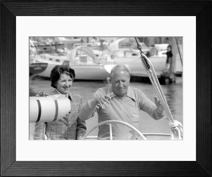 Framed Print : Former Conservative Prime Minister Edward Heath and partner at launching of his new yacht Framed Print : Former Conservative Prime Minister Edward Heath and partner at launching of his new yacht