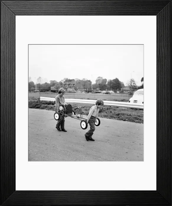 Framed Print : ChildrenIs Go-kart: Robert and Richard Spicer carry the Go Kart on to the Skid Pan Framed Print : ChildrenIs Go-kart: Robert and Richard Spicer carry the Go Kart on to the Skid Pan