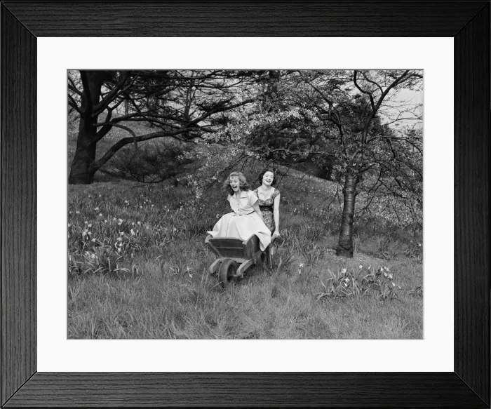 Framed Print : Two girls rolling down the hill in a wheelbarrow on a pleasant Spring day Circa Framed Print : Two girls rolling down the hill in a wheelbarrow on a pleasant Spring day Circa
