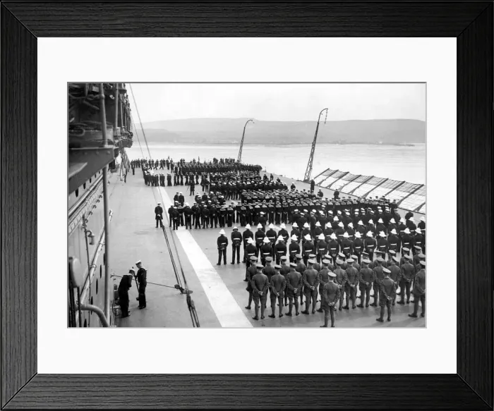 Framed Print : The crew of the British Royal Navy Aircraft Carrier HMS Courageous parade on the flight Framed Print : The crew of the British Royal Navy Aircraft Carrier HMS Courageous parade on the flight