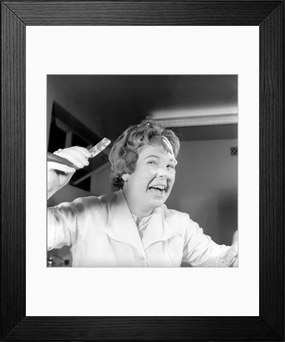 Framed Print : Women barbers training with cut throat razors, learn how to shave by using balloons Framed Print : Women barbers training with cut throat razors, learn how to shave by using balloons
