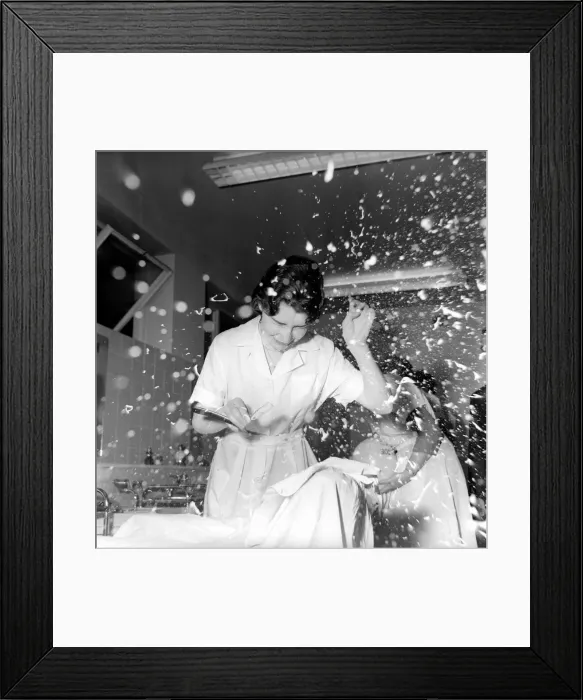 Framed Print : Women barbers training with cut throat razors, learn how to shave by using balloons Framed Print : Women barbers training with cut throat razors, learn how to shave by using balloons