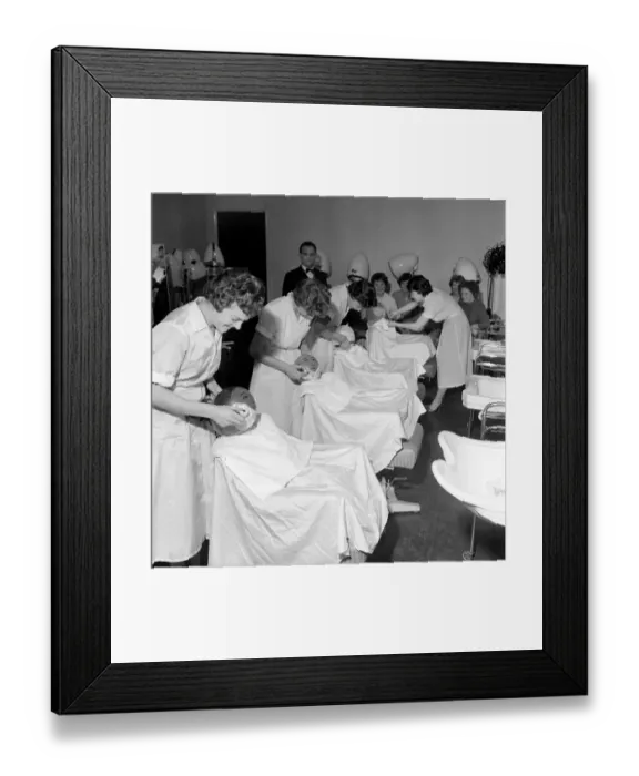 Framed Print : Women barbers training with cut throat razors, learn how to shave by using balloons