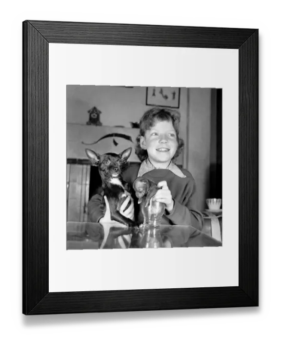 Framed Print : Little girl and pup: Educating Archie to sit in a glass is ten-year-old Carol Stuart Framed Print : Little girl and pup: Educating Archie to sit in a glass is ten-year-old Carol Stuart