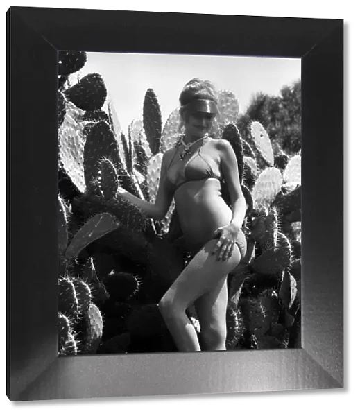 Model wearing a bikini as she stands next to a cactus in Africa April 1975
