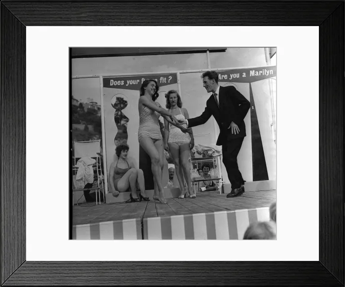 Framed Print : Sunday Pictorial Beach Beauty contest with Bruce Forysth at Torquay Framed Print : Sunday Pictorial Beach Beauty contest with Bruce Forysth at Torquay