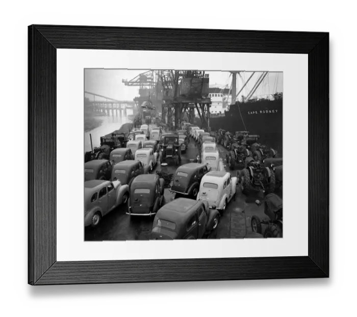 Framed Print : Ford Prefects and Fordson tractors seen here on a Dagenham quayside