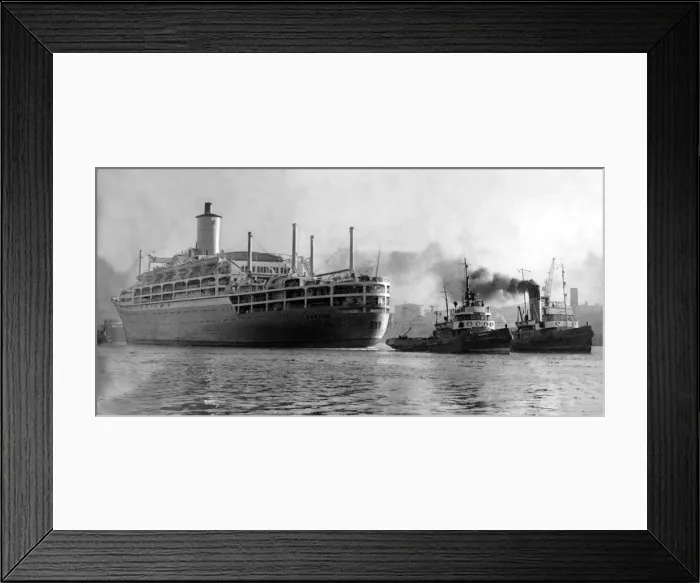 Framed Print : Ship, the Orient liner Orsova being towed up the River Tyne, stern first Framed Print : Ship, the Orient liner Orsova being towed up the River Tyne, stern first