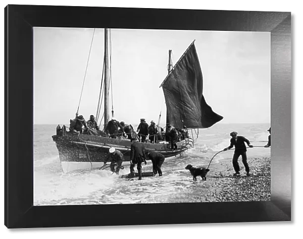 Lifeboat at Aldeburgh, Suffolk, The James Leath being hauled ashore