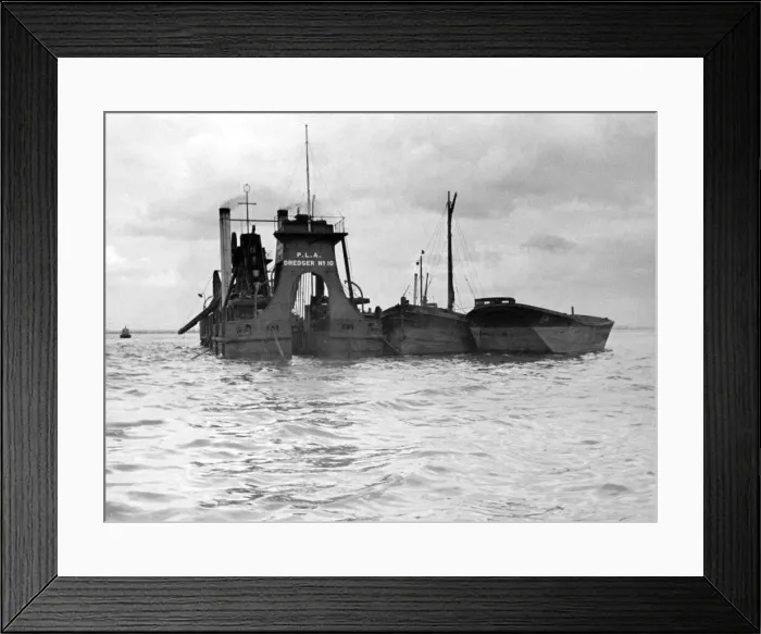 Framed Print : Port of London Authority Dredger Number 10 with barges alongside it at work in high water Framed Print : Port of London Authority Dredger Number 10 with barges alongside it at work in high water