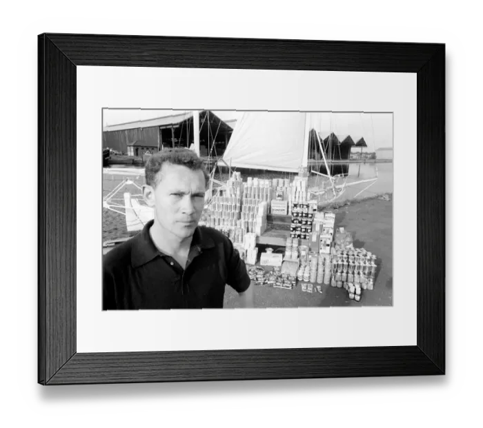 Framed Print : Robin Knox-Johnston with his provisions he will take on his yacht Suhaili Framed Print : Robin Knox-Johnston with his provisions he will take on his yacht Suhaili