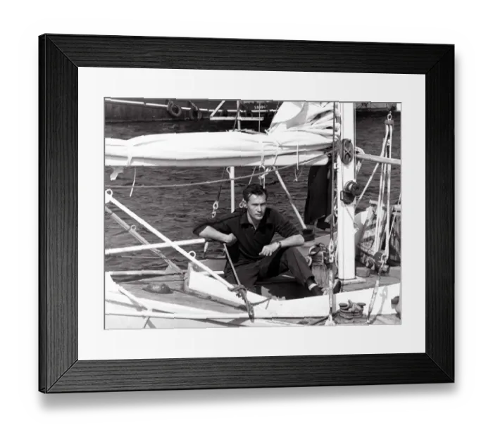 Framed Print : Robin Knox Johnston in his Suhaili boat at Falmouth before his departure for the 1968-69