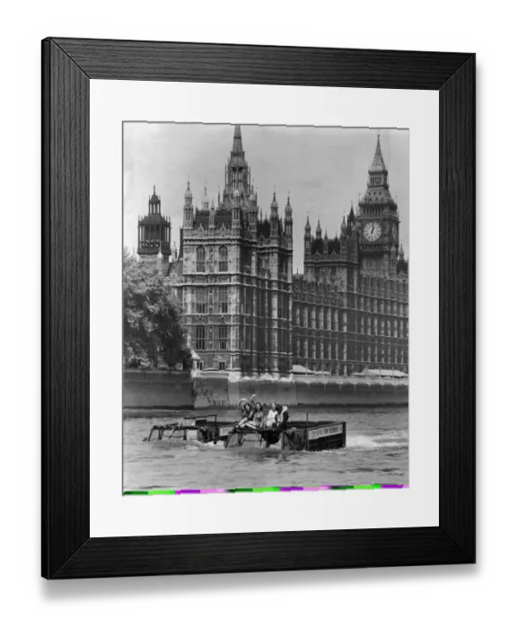 Framed Print : Army Vehicles. Amphibious. Two Army trucks transport three waving women through