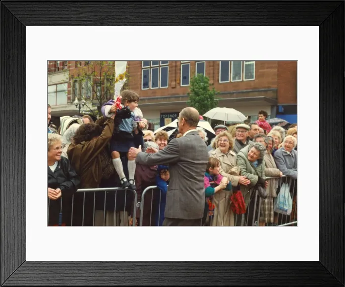 Framed Print : Queen Elizabeth II and Prince Philip visit Cumbria 3 May 1991- during a walkabout meeting