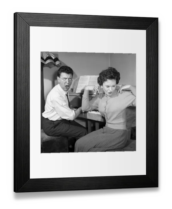 Framed Print : Man, Woman, Singing: Wife puts her fingers in her ears to block out her husband