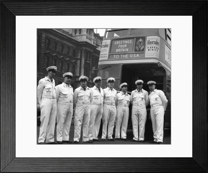 Framed Print : USA London Bus Tour. Bus crew members lined up in front of an RT London Bus Framed Print : USA London Bus Tour. Bus crew members lined up in front of an RT London Bus