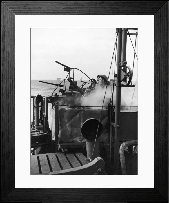 Framed Print : Crew of a Royal Navy minesweeper seen here at action stations during coastal convoy duty