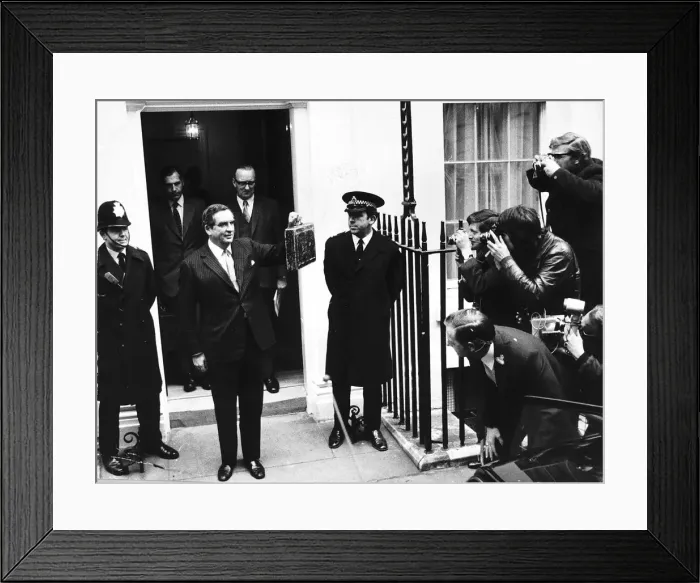 Framed Print : Dennis Healey Chancellor of the Exchequer leaving Number 11 Downing Street to give his Framed Print : Dennis Healey Chancellor of the Exchequer leaving Number 11 Downing Street to give his