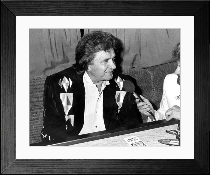 Framed Print : Country and Western singer Johnny Cash being interviewed before appearing at Bents Park Framed Print : Country and Western singer Johnny Cash being interviewed before appearing at Bents Park