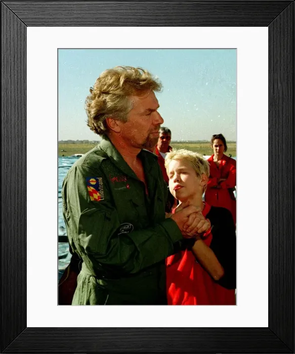 Framed Print : Richard Branson with son Sam Branson after the Virgin Global Challenge balloon broke its Framed Print : Richard Branson with son Sam Branson after the Virgin Global Challenge balloon broke its
