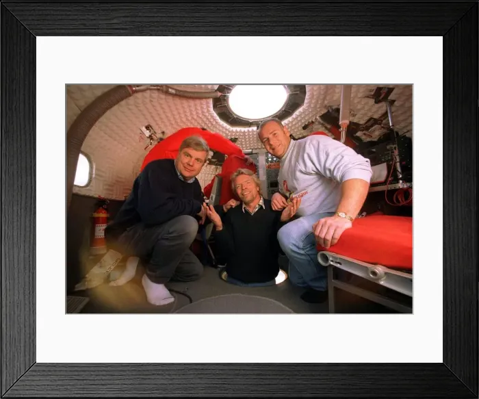 Framed Print : Richard Branson Per Lindstrand and Rory McCarthy pose for the press before making final