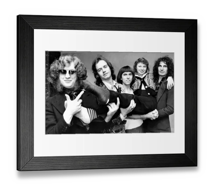 Framed Print : The members of Slade with Christine Farrage who was injured by a convoy of cars carrying