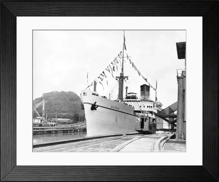 Framed Print : The Ship Gothic carrying the Queen and Duke of Edinburgh, entering Padro Migual Locks Framed Print : The Ship Gothic carrying the Queen and Duke of Edinburgh, entering Padro Migual Locks