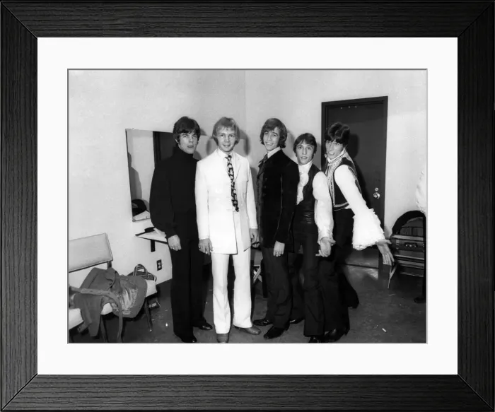 Framed Print : The three Gibb brothers of the Bee Gees pop group with fellow band members Vince Malouney