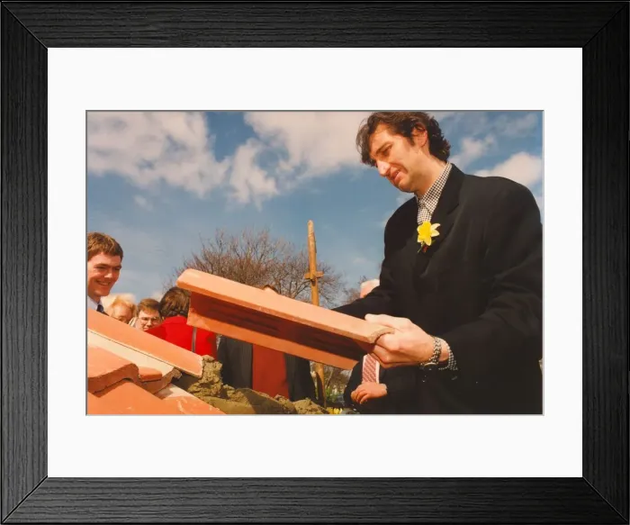 Framed Print : Jimmy Nail at the topping out ceremony for the Marie Curie Cancer Care Hospice in Framed Print : Jimmy Nail at the topping out ceremony for the Marie Curie Cancer Care Hospice in