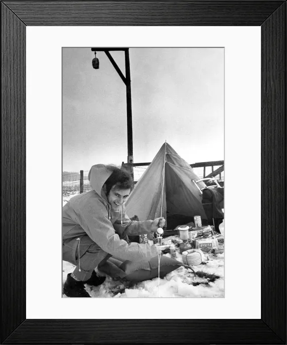 Framed Print : A man camping in the snow at Elsdon Jibbet Framed Print : A man camping in the snow at Elsdon Jibbet