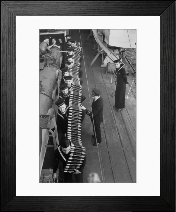 Framed Print : Pom Pom shells being passed to the platforms from the shell rooms by Royal Navy sailors Framed Print : Pom Pom shells being passed to the platforms from the shell rooms by Royal Navy sailors