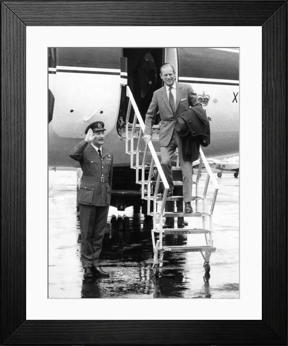 Framed Print : Prince Philip, Duke of Edinburgh, lands at Carlisle Airport. 27th April 1973 Framed Print : Prince Philip, Duke of Edinburgh, lands at Carlisle Airport. 27th April 1973