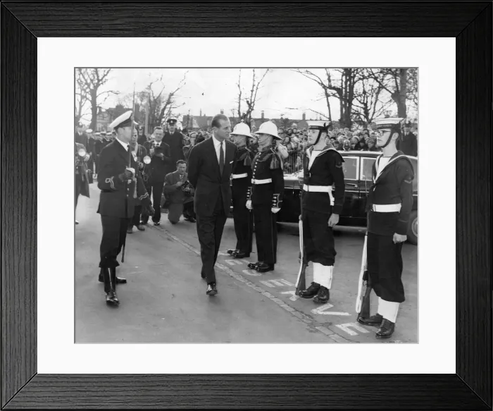 Framed Print : Prince Philip, Duke of Edinburgh, inspects a guard of honour at the South Shields College