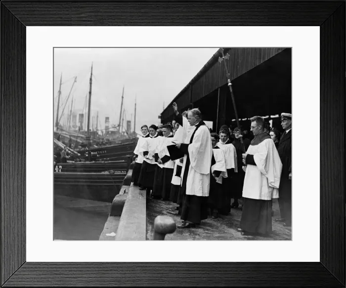 Framed Print : Canon C. Milner, Vicar of Tynemouth Parish Church, blessing the fishing fleet Framed Print : Canon C. Milner, Vicar of Tynemouth Parish Church, blessing the fishing fleet